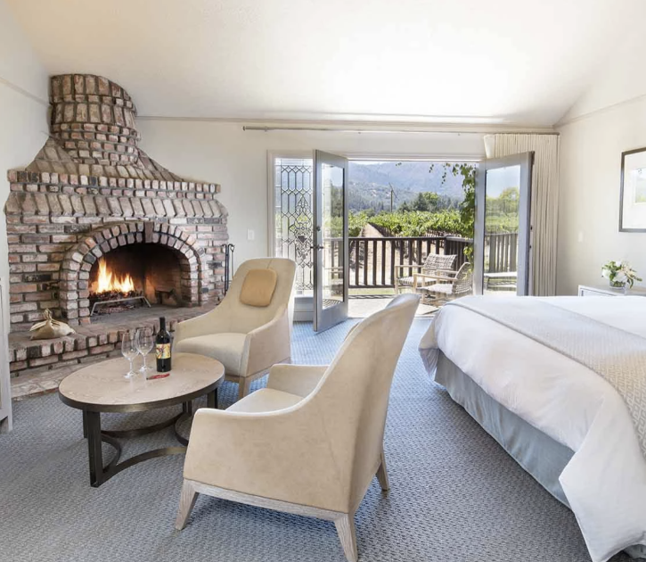 A hotel room with vineyard views at Harvest Inn, a dog-friendly and luxury amenity-focused hotel in St. Helena, CA