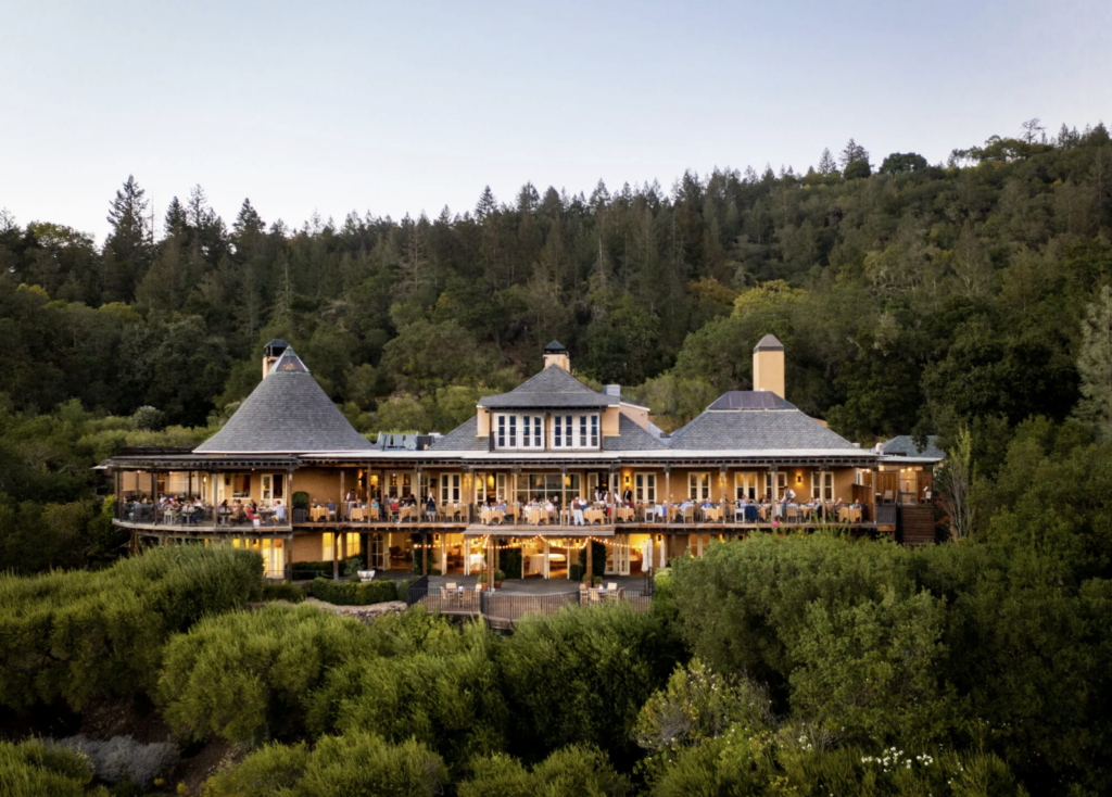 An aerial view of adults-only hotel Auberge du Soleil and its Terrace Restaurant, one of the best hotels in St. Helena featuring luxury hotel offerings and amenities