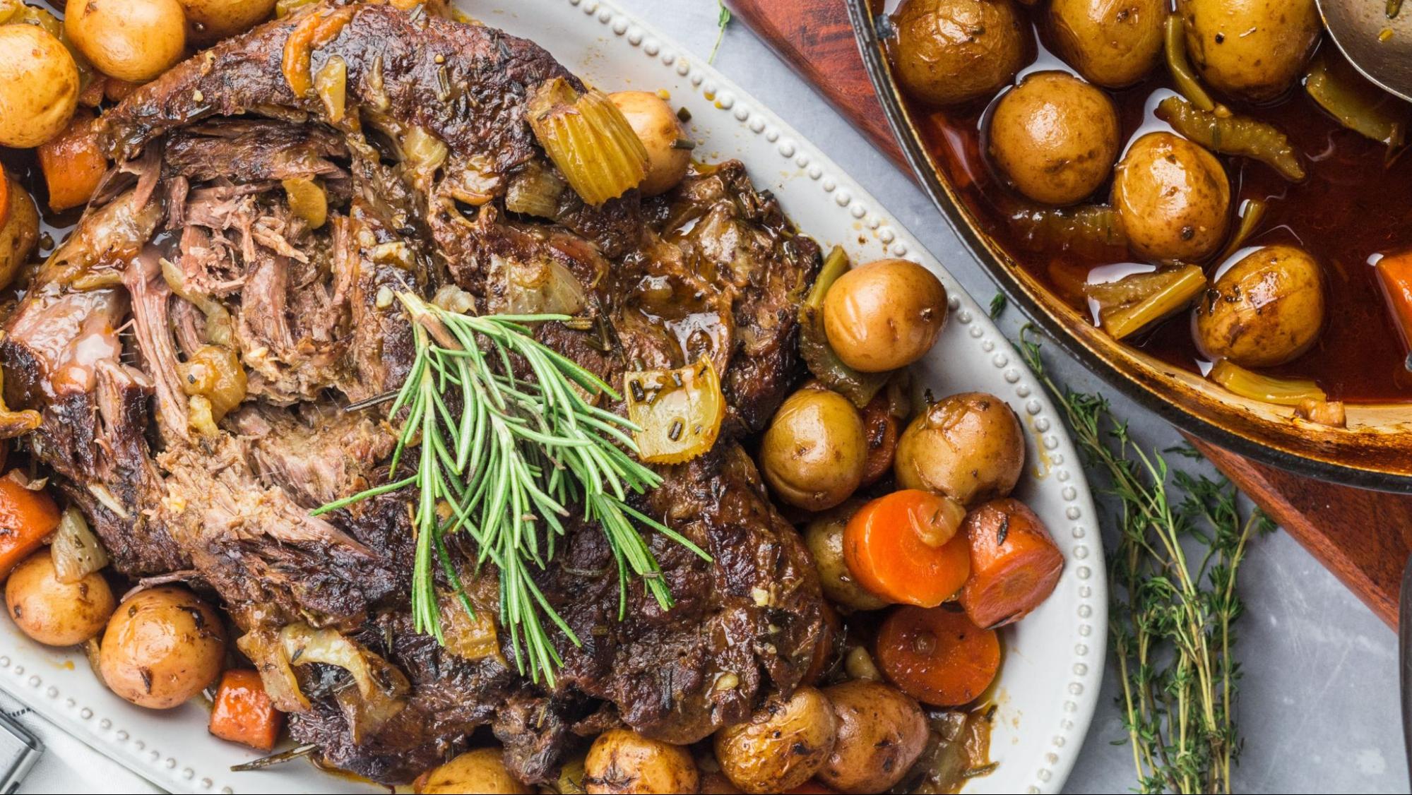 Slow cooked roast with potatoes, carrots, and rosemary, perfect with V. Sattui 2019 Napa Valley Cabernet Sauvignon