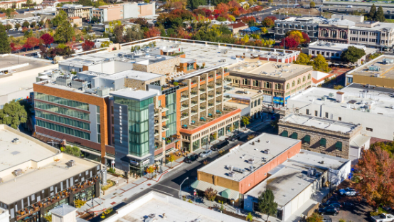 An aerial view of the Archer Hotel and First Street Napa Shopping Mall in downtown Napa, CA