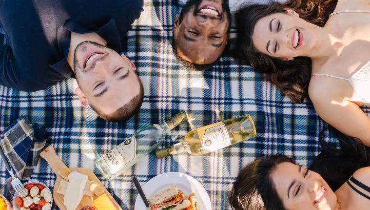 a group of friends laughing on a picnic blanket at V. Sattui winery, as featured in the V. Sattui wine blog on a no reservations winery in Napa