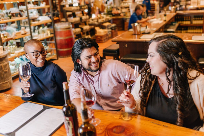 3 satisifed persons in a wine tasting room trying all wines vsattui